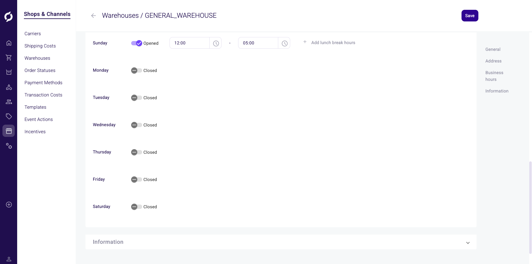 Warehouse business hours